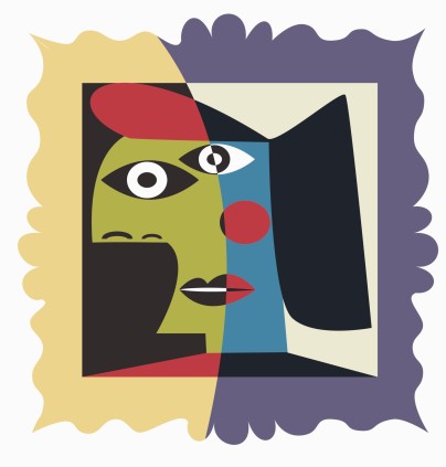 This picture represents modernism because of the cubism used in the picture. Like other pictures representing cubism, this picture does not portray a face in a traditional way. Rather, by using irregular shapes, color, and lines the picture is trying to shed a new light into the drawing of a face.